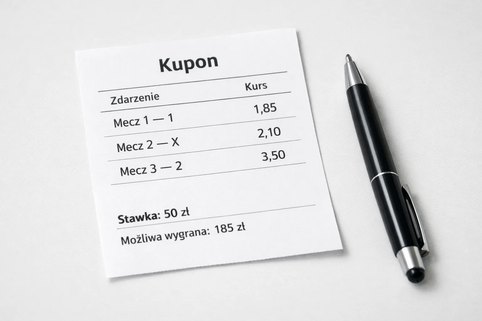 Kupon bukmacherski z zaznaczonymi zakładami i kursami