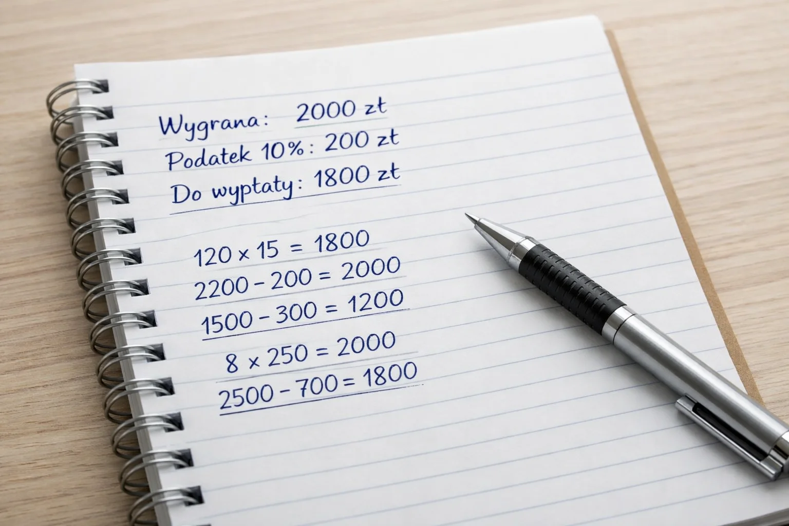 Notatnik z obliczeniami wygranej po podatkach