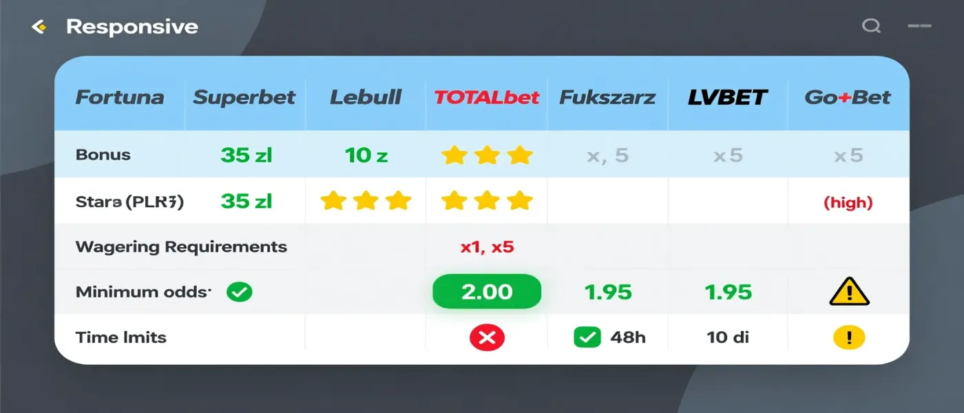 Tabela por&oacute;wnawcza bukmacher&oacute;w - bonusy bez depozytu, warunki obrotu, oceny Fortuna Superbet Lebull TOTALbet